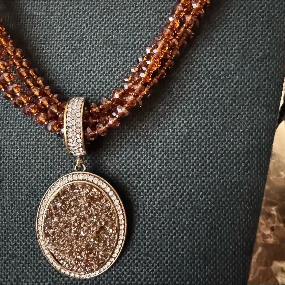 Joan Rivers Multi Strand Mocha Crystal Bead Druzy Rhinestone Pendant Necklace 18